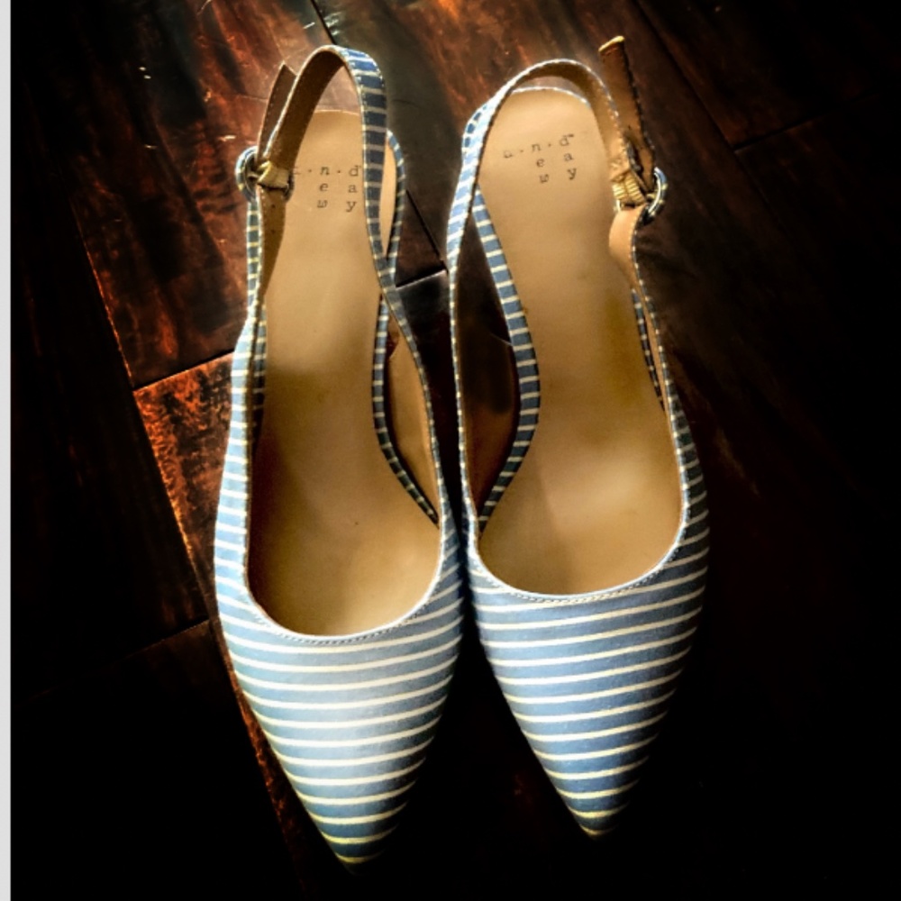 Blue and white stripe sling back kitten heels